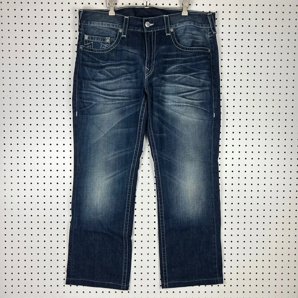 True Religion Straight Leg Jeans 38x32 Denim Wide Leg Dark Stitched Honeycomb